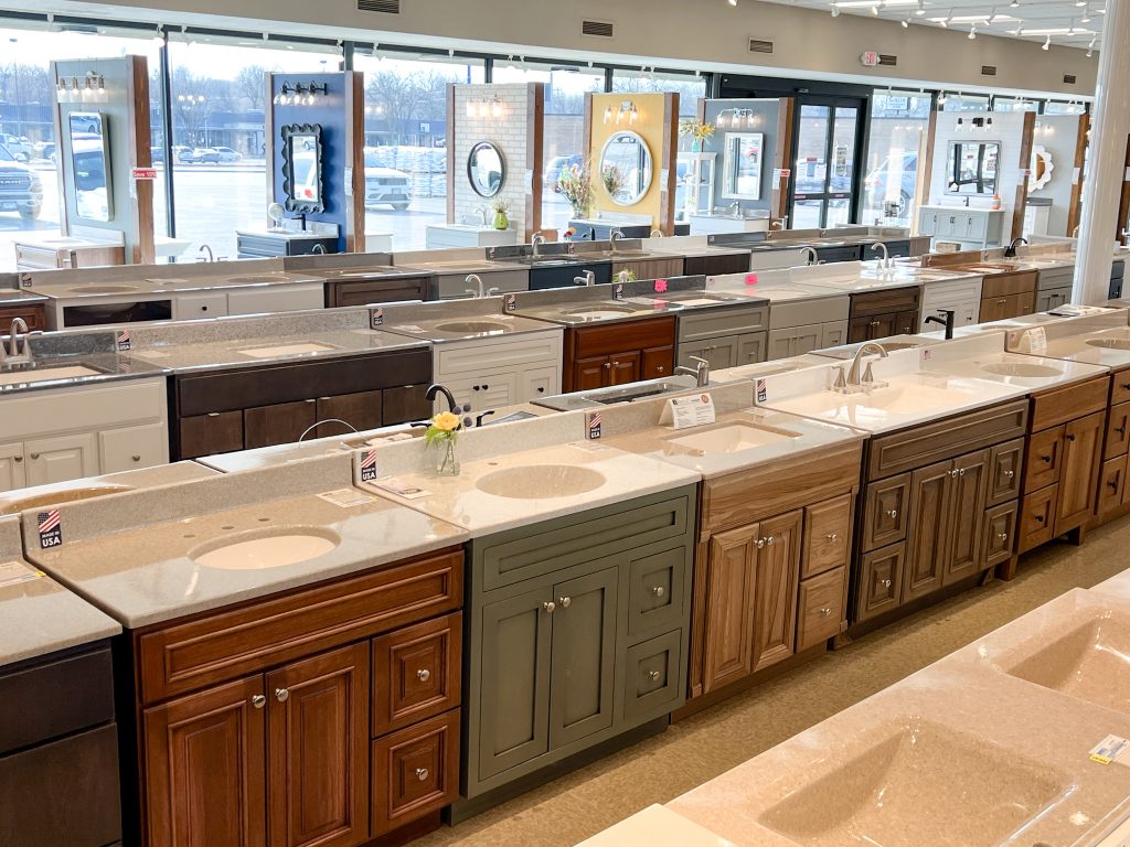 Dozens of vanity cabinets and countertops in a variety of colors and wood species at Handy Man in Sioux Falls, SD