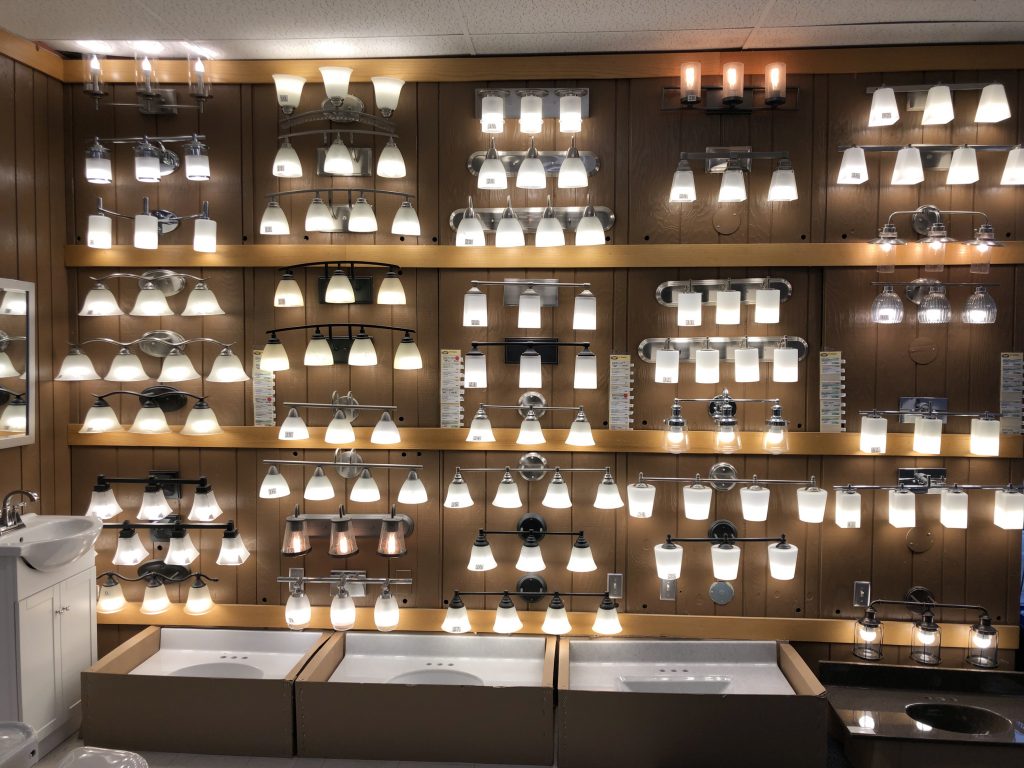 Wall full of bathroom light bars
